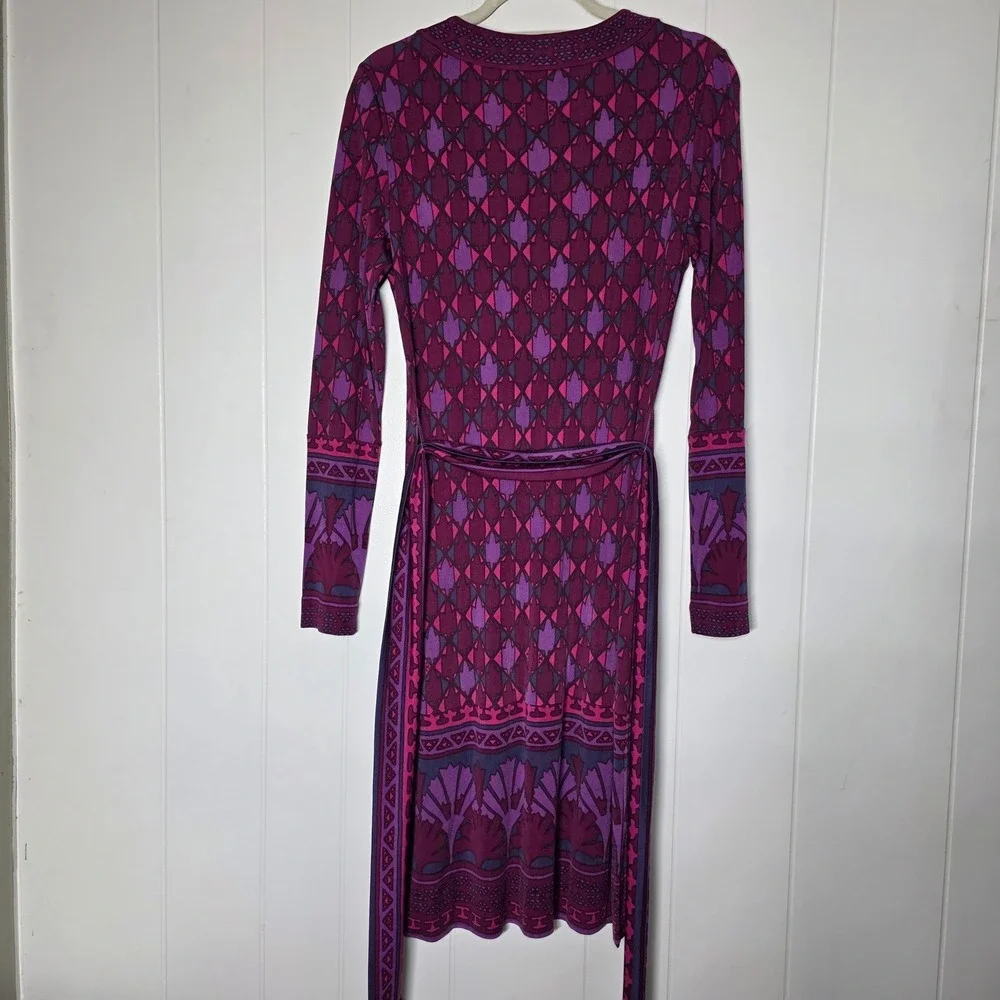 Tory Burch Audra‎ Silk Geometric Print Wrap Dress Purple Pink Long Sleeve Medium
